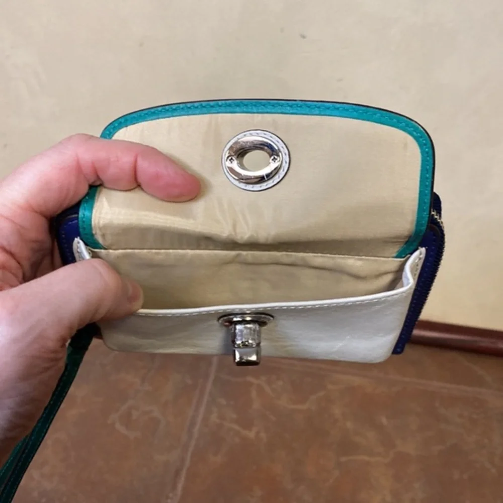 Coach Parker Tri-Color Leather Wristlet Wallet in Teal, White & Blue
